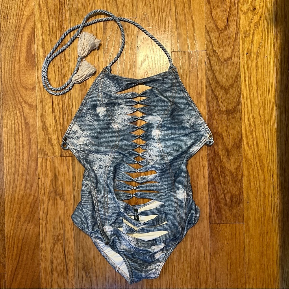 Despi Washed Denim Blue Cutout Swimsuit with Tassles Size S NWOT